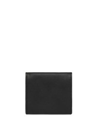 Black leather wallet with a rectangular shape, smooth texture, and minimal stitching. Compact design suitable for cards and small items.