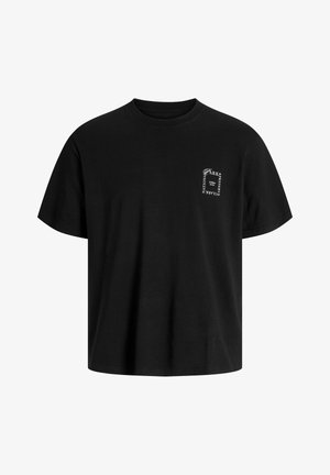 Black cotton t-shirt with short sleeves, crew neck, and a small white graphic on the left chest featuring stylized text and design elements.