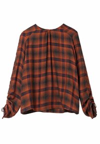 Blusa donna a maniche lunghe con motivo a quadri arancione e nero, scollo arricciato e polsini con coulisse arricciati.