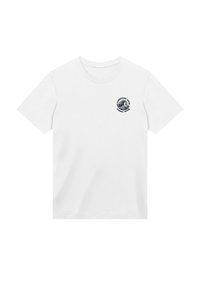 Weißes Baumwoll-T-Shirt mit einem runden schwarzen Grafikdesign auf der linken Brust, das ein Wellenmuster und den Text "Ewige Kraft" zeigt. Kurzarm.