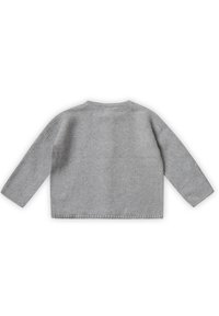 Grauer gestrickter Cardigan mit langen Ärmeln, Rundhalsausschnitt und einem strukturierten Muster. Offenes Rücken-Design mit geripptem Saum.