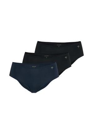 Trzy pary damskich bezszwowych majtek typu hipster w kolorze czarnym i ciemnym granatowym, każda z małym metalowym logo na lewym biodrze.