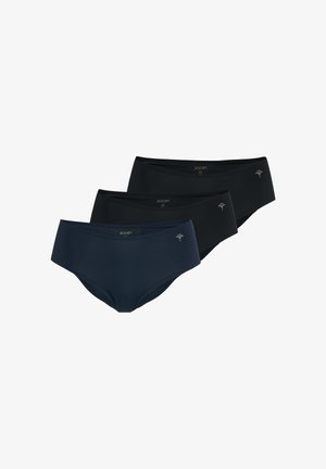 Trzy pary damskich bezszwowych majtek typu hipster w kolorze czarnym i ciemnym granatowym, każda z małym metalowym logo na lewym biodrze.