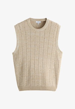 Beež värvitud varrukateta kampsunvest vertikaalse avatud nikerdusmustriga, soonikkoes ümar kaelus, käisteavad ja alumine serv, suurus keskmine, kaubamärk NEXT.