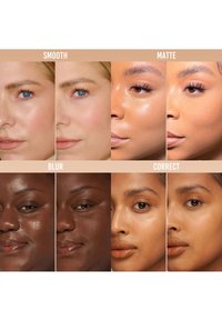 Fire portretter side om side som viser varierte hudoverflater: jevn, matt, uskarp, og korrekt. Ulike hudtoner, nærbilder, naturlig tekstur.