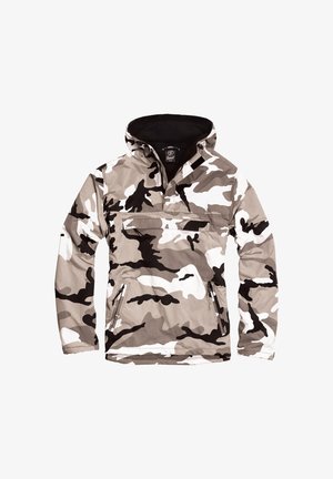 Kurtka z kapturem w beżowo-biało-czarny wzór moro, przednie kieszenie na suwak oraz częściowo zapinane na suwak otwarcie na klatce piersiowej.