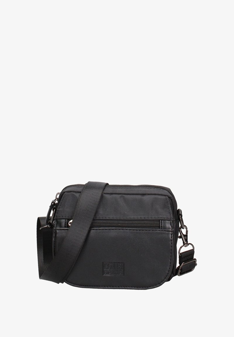 Borsa a tracolla nera con una texture liscia, dotata di un vano principale con zip e una tasca frontale, tracolla regolabile e dettaglio del logo.