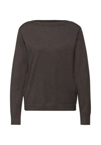 Pull marron foncé, manches longues, encolure ronde, texture douce, détails côtelés aux poignets et à l'ourlet, design simple, tissu léger.