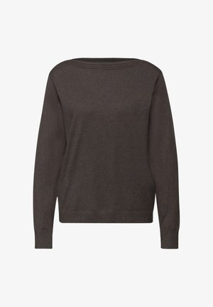 Mörkbrun tröja, långa ärmar, rund halsringning, mjuk textur, räfflade detaljer vid muddarna och fållen, enkel design, lättviktigt tyg.