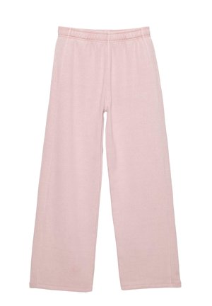 Helle pinke, weit geschnittene Hose aus weichem Stoff, mit einem elastischen Bund und kontrastierenden Nähten. Keine Taschen oder Muster.