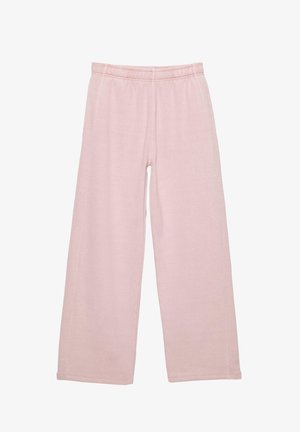 Lichtroze wijde broek gemaakt van zachte stof, met een elastische tailleband en contrasterende stiksels. Geen zakken of patronen.