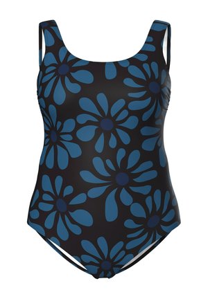 Bañador de una pieza en negro con un gran patrón floral azul. Presenta tirantes anchos y una textura suave. Adecuado para nadar.