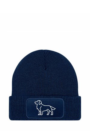 Navy blue knit beanie with a textured finish, featuring a white embroidered dog silhouette on a rectangular patch.