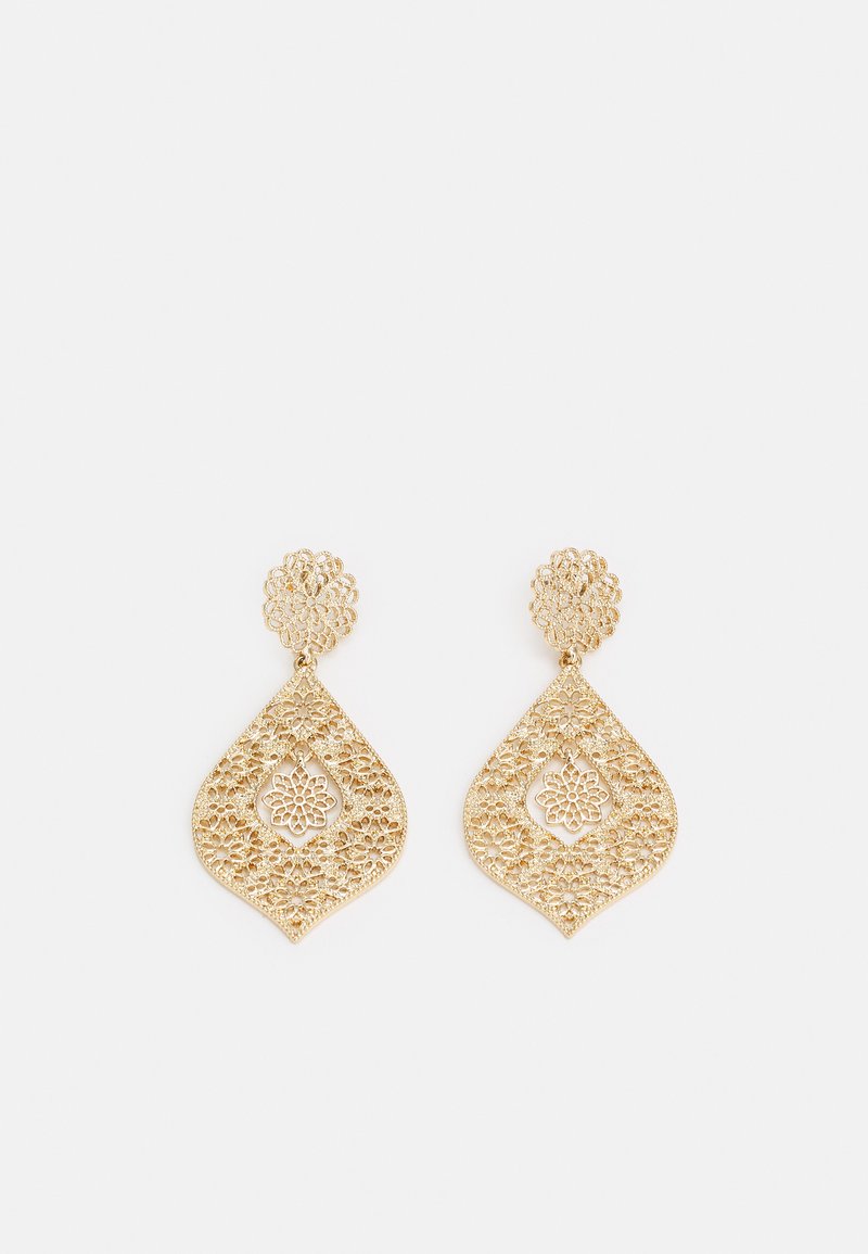 Gold-tone drop earrings made of intricate filigree, featuring a floral design and teardrop shape, with a decorative round stud at the top.