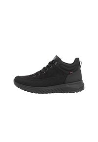 Chaussures de randonnée noires avec un supérieur texturé, semelle en caoutchouc, design à lacets, col rembourré et languette au talon. Caractéristiques d'un matériau durable.
