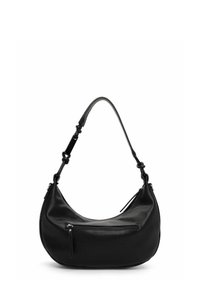 Bolso de hombro de cuero negro con forma curva, correa ajustable y un bolsillo frontal con cremallera. Textura suave y diseño minimalista.