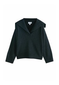 Dark gray oversized sweater made of soft material, featuring a wide, folded collar and ribbed cuffs and hem.