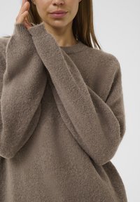 Brauner, flauschiger Pullover mit Rundhalsausschnitt und langen Ärmeln, der eine weiche Textur und eine lockere Passform präsentiert.
