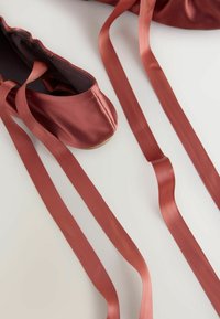 Scarpe da balletto in morbido raso bordeaux con nastri abbinati, dotate di punta arrotondata e rivestimento in tessuto scuro, poggiate su una superficie chiara.