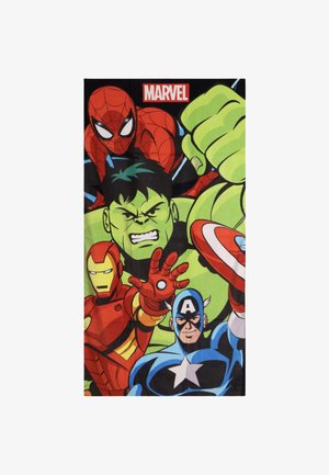 Vier Marvel-Superhelden – Spider-Man, Hulk, Iron Man und Captain America – posieren dynamisch, über ihnen das Marvel-Logo.