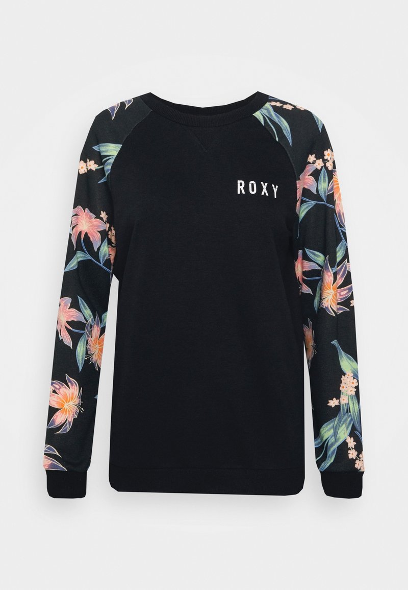 Sweat-shirt noir avec manches à motif floral, encolure ronde et logo "ROXY" blanc sur la poitrine. Tissu doux et poignets côtelés.
