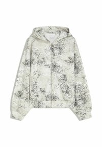 Hooded zip-up jas in lichtgrijs met zwarte abstracte patronen. Zachte stof, elastische manchetten en zakken aan de voorkant.
