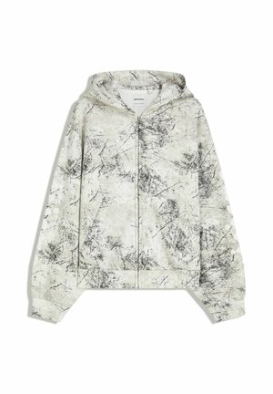 Hooded zip-up jacket in light gray with black abstract patterns. Soft fabric, elastic cuffs, and pockets on the front.