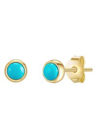 Goldene Steckerohrringe mit runden Türkissteinen und hochglänzender Oberfläche. Das Design umfasst eine sichere Befestigung für den Tragekomfort.