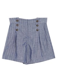 Shorts rayés bleus en tissu léger avec une taille haute, comportant quatre accents de boutons marron à l'avant et des poches latérales.