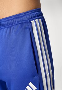 Zili sporta šorti ar plašu elastīgu jostu, sānu kabatām un trim baltām vertikālām svītrām gar malām. Gluda tekstūra.