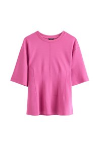 Rosa kortärmad topp i slätt tyg, med rund halsringning och två vertikala sömdetaljer på framsidan för extra designintresse.