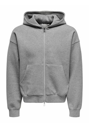 Sweat à capuche gris zippé avec poches avant, poignets et ourlet côtelés, et capuche ample sans cordons.
