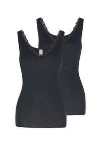Black tank tops with a v-neck and lace trim, made of soft fabric, featuring fitted shape and no visible logos or patterns. Pack of two.