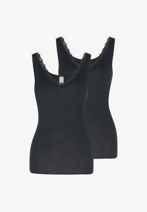 Schwarze Trägertops mit V-Ausschnitt und Spitzenbesatz, aus weichem Stoff gefertigt, mit figurbetonter Form und ohne sichtbare Logos oder Muster. Packung mit zwei Stück.