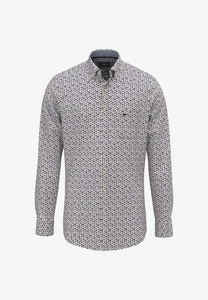 Hosszú ujjú ing gombos gallérral, fehér alapon, bonyolult kék és lila geometriai mintával, a mellrészen egy kis hímzett logóval.