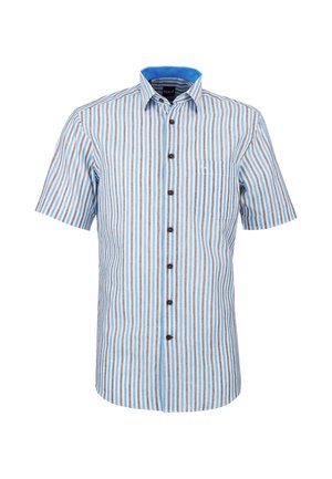 Camicia a maniche corte con bottoni, righe verticali blu, bianche e grigie e una tasca sul petto anteriore sinistro.