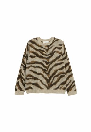 Neulepusero, jossa on tiikeriraidallinen kuvio ruskeana ja beigeä, pyöreä pääntie, pitkät hihat ja teksturoitu pinta.