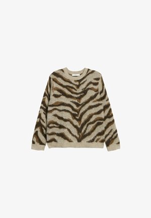 Gestrickter Pullover mit Tigerstreifenmuster in Braun und Beige, rundem Ausschnitt, langen Ärmeln und strukturierter Oberfläche.