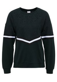 Felpa nera con sovrapposizione in pizzo e dettagli a strisce bianche, caratterizzata da un design a zigzag sul davanti e polsini e bordo a coste.