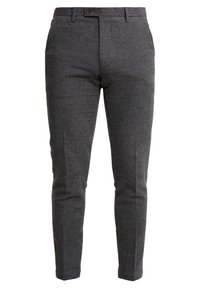 Šedé kalhoty s jemným vzorem z texturované látky, střižené na míru, s úzkým střihem, předními kapsami a zapínáním na knoflíky.