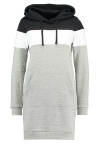 Hooded sweatshirtklänning med ett färgblockerande mönster i svart, vitt och grått, tillverkad av mjukt tyg, med en framficka och ribbade ärmslut.