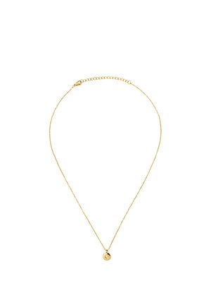 Delicato collana a catena d'oro con un piccolo ciondolo rotondo in oro che presenta una singola perla bianca centrata.