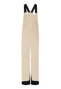 Beige overalls gemaakt van een duurzame stof, met verstelbare zwarte banden en zwarte accenten aan de zoom voor een extra contrast.