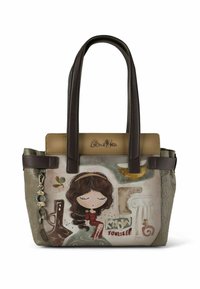 Braune und beige Handtasche mit einer Illustration eines Cartoon-Mädchens, strukturierten Seiten, Kettendetail und "Anekke" Logo auf der oberen Vorderseite.