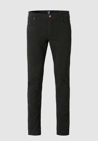 Schwarze Hosen im Slim-Fit, aus glattem Stoff, mit Knopfverschluss, fünf Taschen und kontrastierenden Nähten.