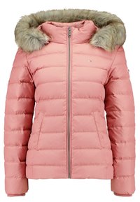 Puff jakke i lys pink, med lynlås fortil, ribbede manchetter og en aftagelig kunstpels hætte. Horisontal quiltet design, to sidelommer.