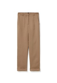 Beige Hosen aus glattem Stoff, mit einem taillierten Design, seitlichen Taschen und gekrempelten Säumen für ein schickes Erscheinungsbild.