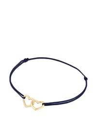 Navyfarbendes Kord-Armband mit zwei miteinander verflochtenen goldenen Herzen, glatte metallische Oberfläche, verstellbarer Knoten für den perfekten Sitz.