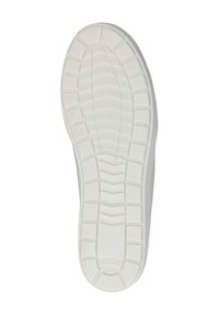 Podeszwa buta z teksturowanej białej gumy, z falistymi i liniowymi wzorami bieżnika dla lepszej przyczepności, z lekko uniesioną krawędzią.