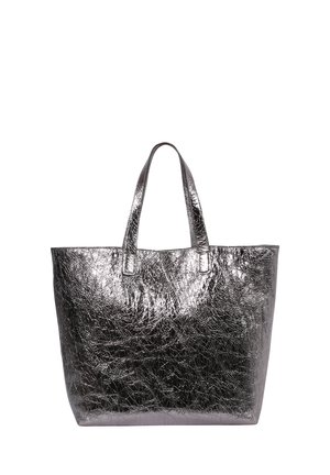 Metallic silver tote bag with a textured surface, rectangular shape, and two sturdy handles. Features a minimalist design with no additional accents.